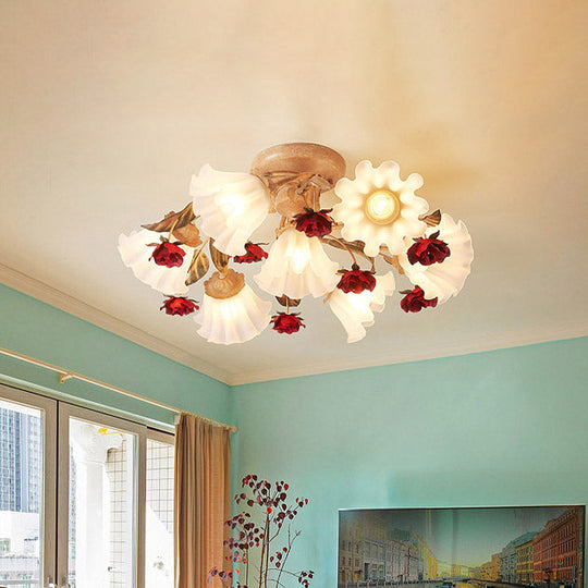 Brown 4/7/9 - Bulb Semi Flush Mount Pastoral Frosted Glass Ceiling Light With Red Flower Design