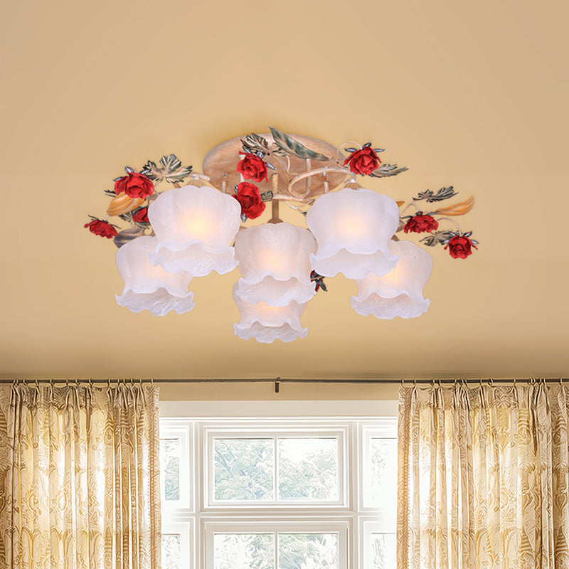 Countryside Coffee Floral Dining Room Semi Flush Light Fixture - 4/6 - Light Frosted Glass Mount