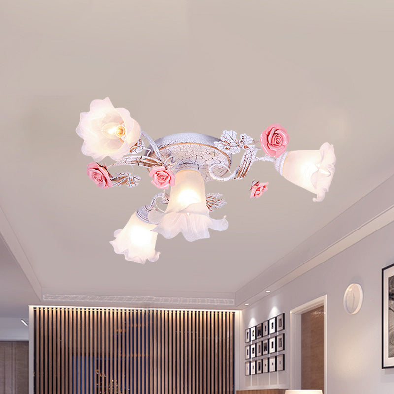 Pastoral White Glass Ceiling Light With Sputnik Design - 4/6/7 - Bulb Semi Mount For Bedroom