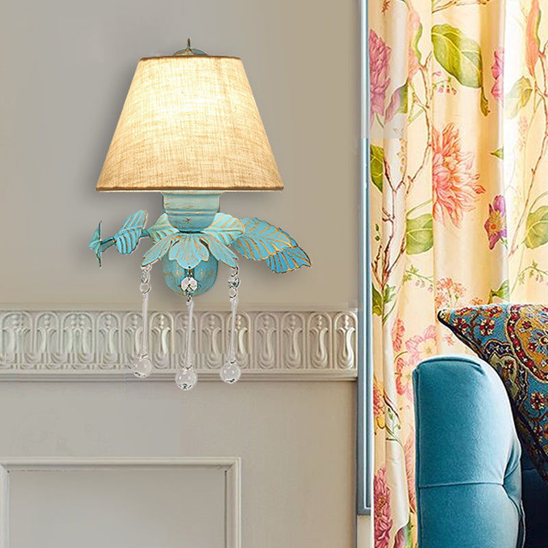 Blue Fabric Wall Sconce With Clear Glass Drop - Countryside Style