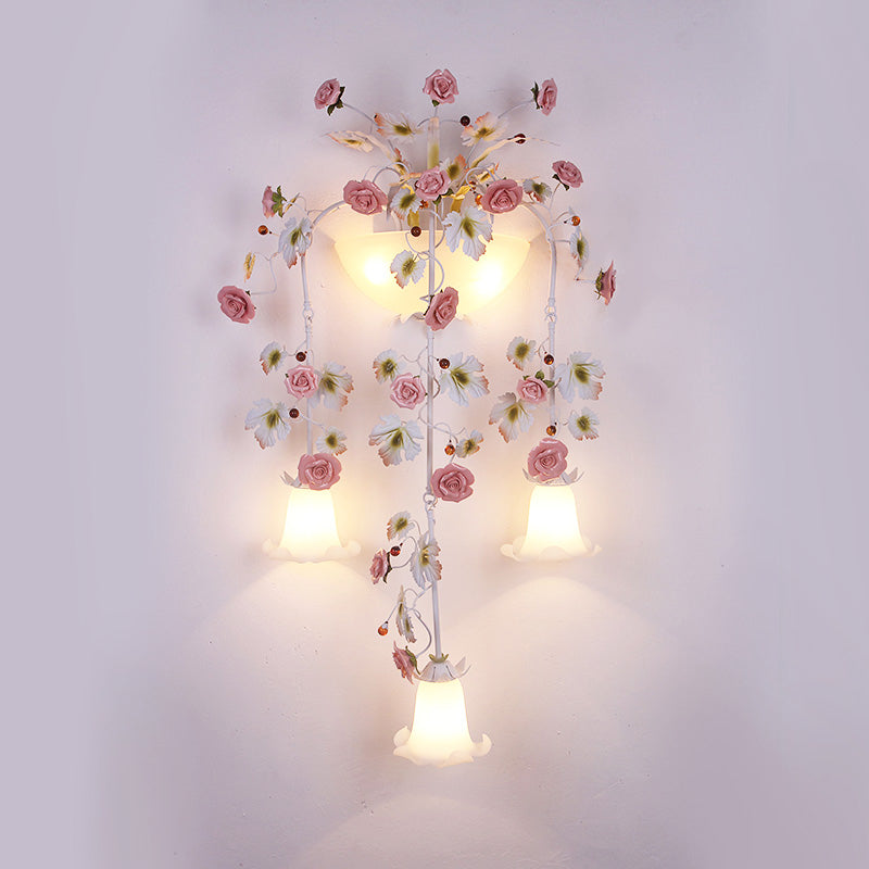 Korean Garden Pink Wall Light With White Floral Glass Sconce - 5 Heads For Hallway Lighting