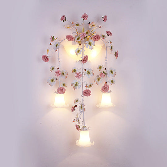 Korean Garden Pink Wall Light With White Floral Glass Sconce - 5 Heads For Hallway Lighting