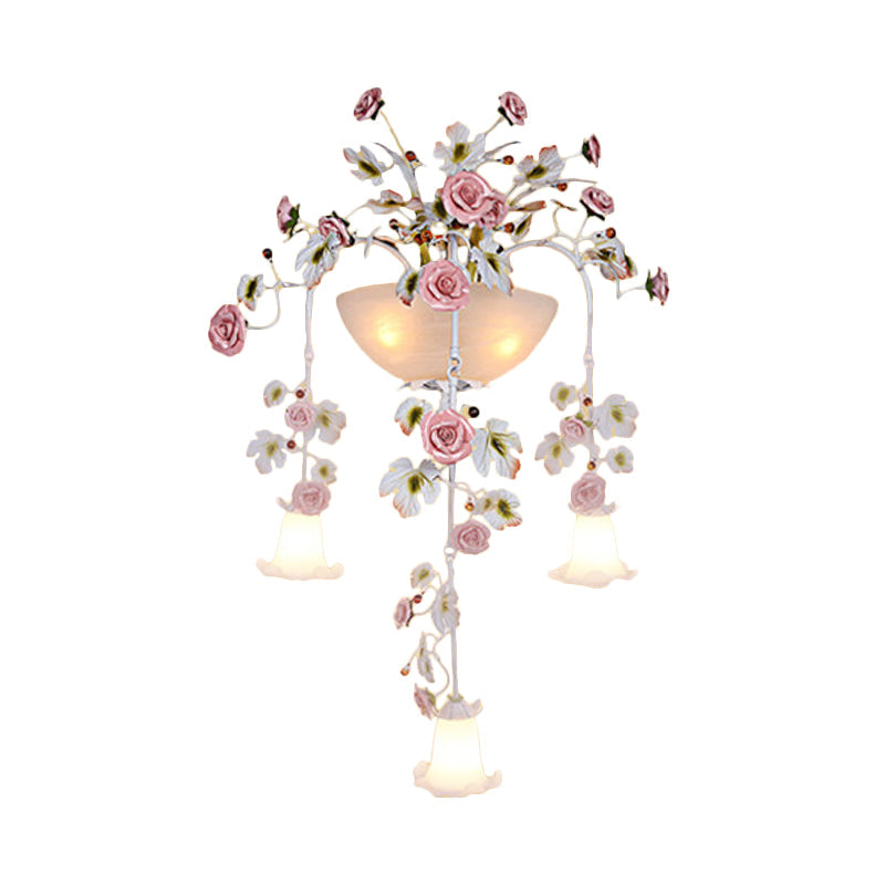 Korean Garden Pink Wall Light With White Floral Glass Sconce - 5 Heads For Hallway Lighting