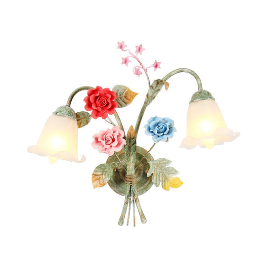 Green Glass Flower Wall Sconce With Curved Arm - Korean Garden Lamp