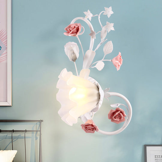 Countryside Scalloped Wall Lighting - Elegant White Glass Lamp With Pink Rose Bedroom Mounted