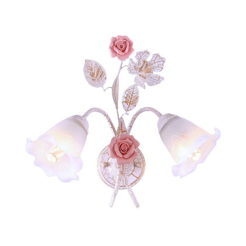 Pastoral Floral White Glass Wall Sconce With Metal Curved Arm For Living Room - 1/2-Light Mount Lamp