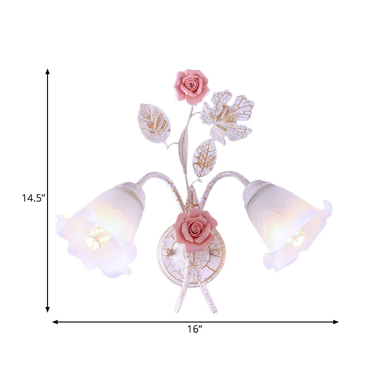 Pastoral Floral White Glass Wall Sconce With Metal Curved Arm For Living Room - 1/2-Light Mount Lamp