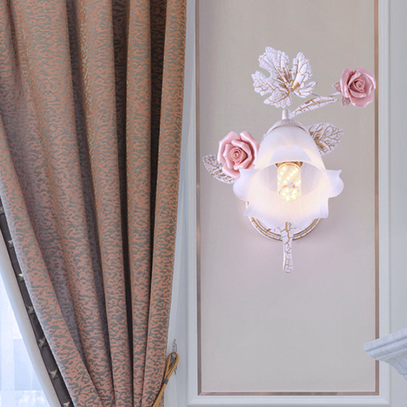 Pastoral Floral White Glass Wall Sconce With Metal Curved Arm For Living Room - 1/2-Light Mount Lamp