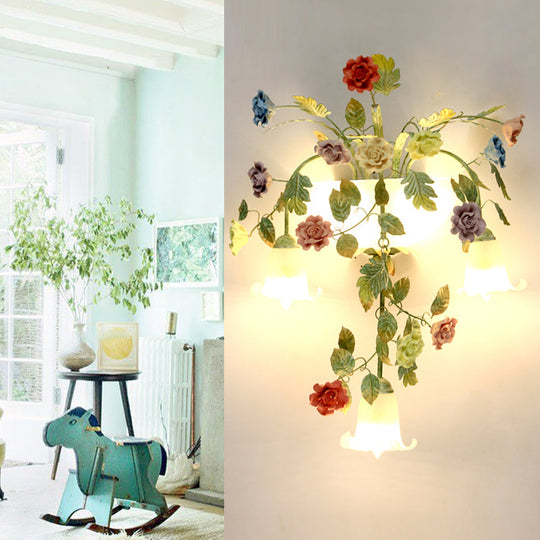 Pastoral Style White Glass Flower Sconce - 5-Light Bedroom Wall Mount Fixture