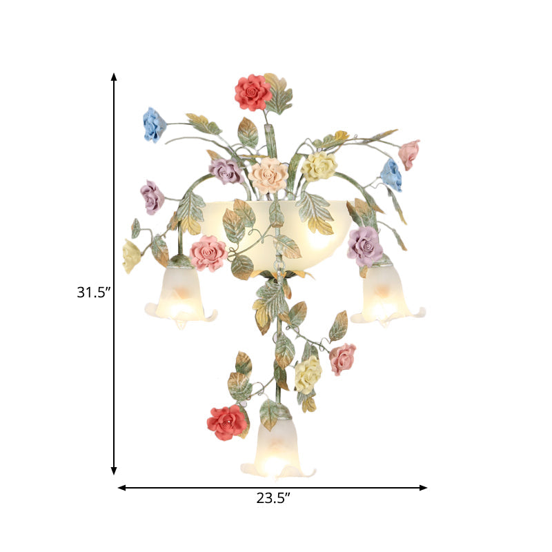 Pastoral Style White Glass Flower Sconce - 5-Light Bedroom Wall Mount Fixture