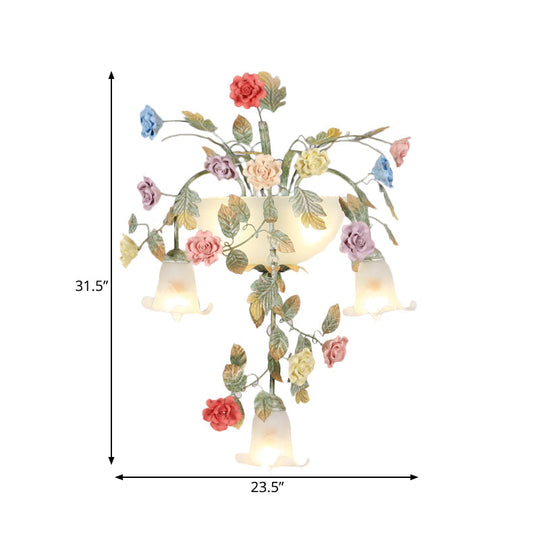 Pastoral Style White Glass Flower Sconce - 5-Light Bedroom Wall Mount Fixture