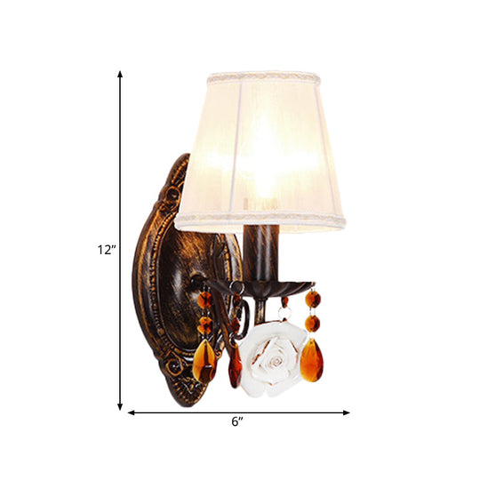 Pastoral Style Fabric Antique Brass Sconce Lamp: Coffee Crystal Wall Mounted Light