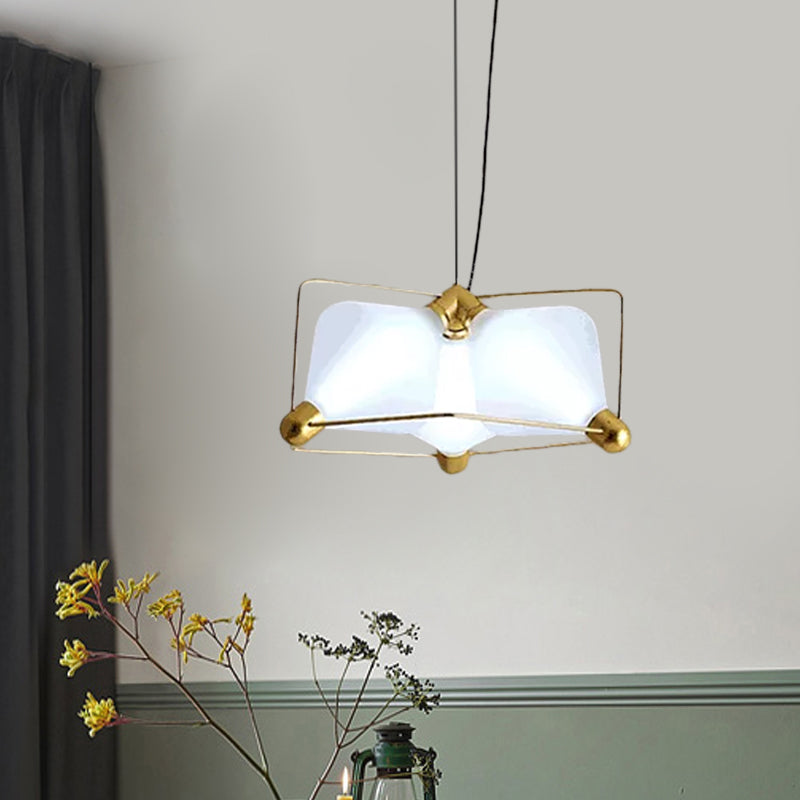 Contemporary Opal Glass Diamond Chandelier - Gold Led Hanging Ceiling Light With Frame 3 Bulbs