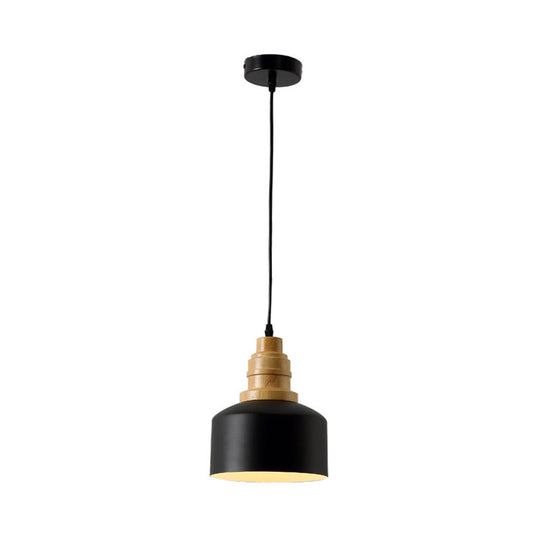 Modern Nordic Black Drum Pendant Ceiling Lamp With Wood Top - 1-Bulb Iron Hanging Light