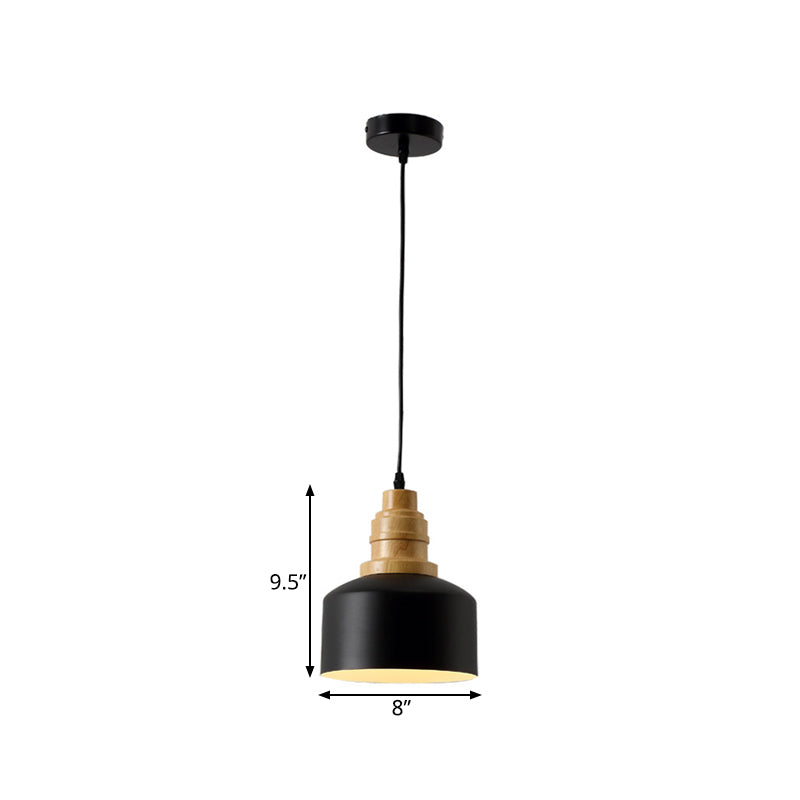 Modern Nordic Black Drum Pendant Ceiling Lamp With Wood Top - 1-Bulb Iron Hanging Light