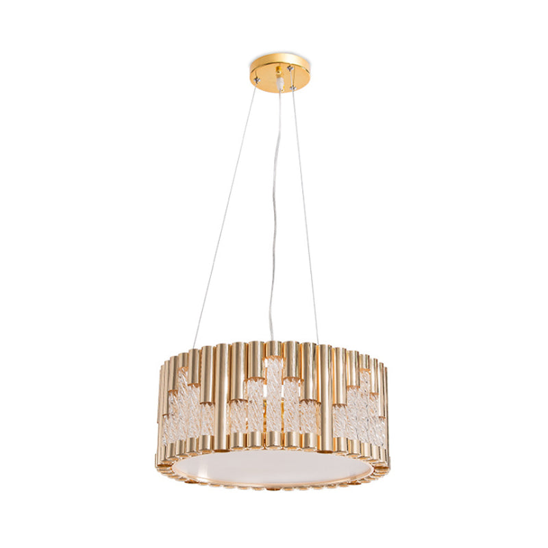 Modern Gold Drum Pendant Chandelier With Clear Glass Tube - 3 Lights Living Room Suspension Lamp