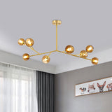 8-Bulb Branch Pendant Chandelier With Amber Glass Shade - Modern Brass Ceiling Fixture For Living
