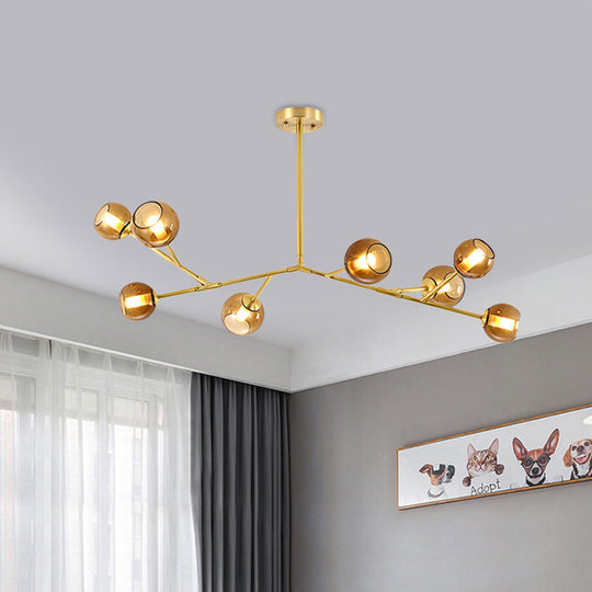 8-Bulb Branch Pendant Chandelier With Amber Glass Shade - Modern Brass Ceiling Fixture For Living
