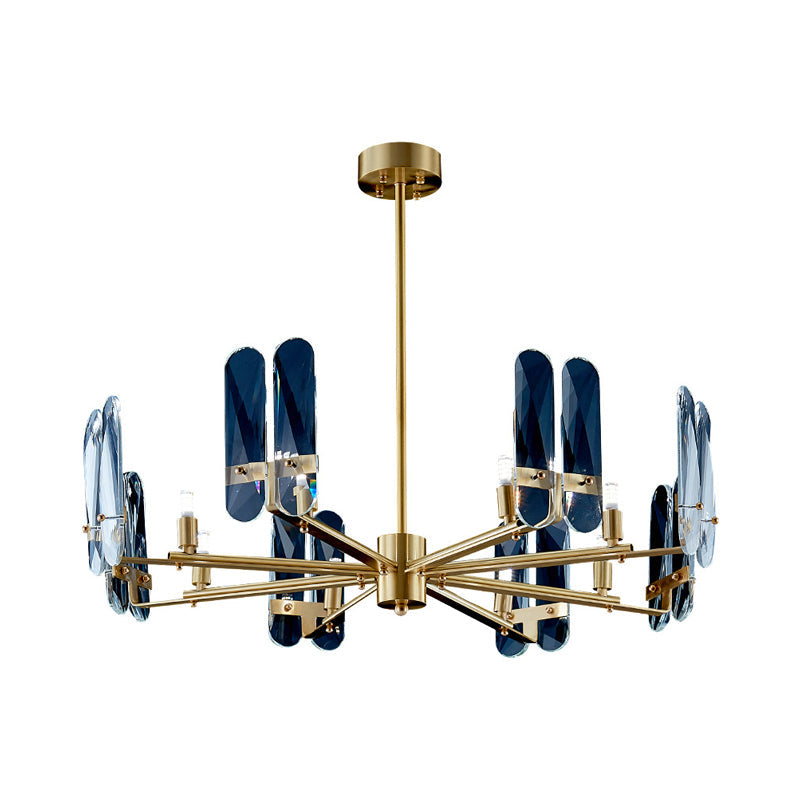 Blue Glass Oval Panel Ceiling Light: Postmodern Brass Led Chandelier Lamp With Radial Design