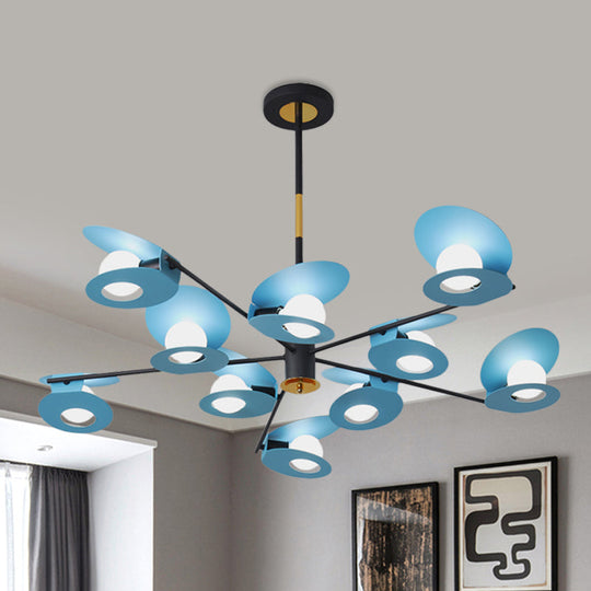 Lustre contemporain à suspension à disque bleu - Finition métallique, lampe de salon à 10 ampoules avec design évidé