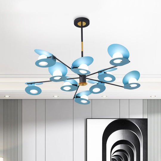Lustre contemporain à suspension à disque bleu - Finition métallique, lampe de salon à 10 ampoules avec design évidé