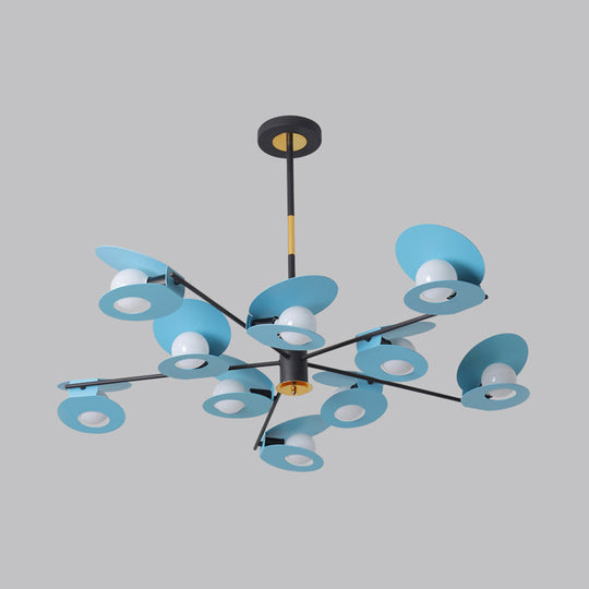 Lustre contemporain à suspension à disque bleu - Finition métallique, lampe de salon à 10 ampoules avec design évidé