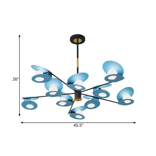 Lustre contemporain à suspension à disque bleu - Finition métallique, lampe de salon à 10 ampoules avec design évidé