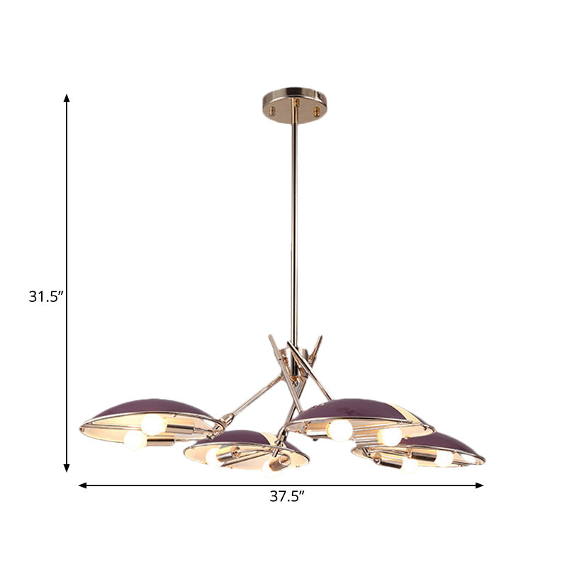 Modern Flat Dome Hanging Light With Metallic Finish - 8-Light Purple Ceiling Chandelier For Living
