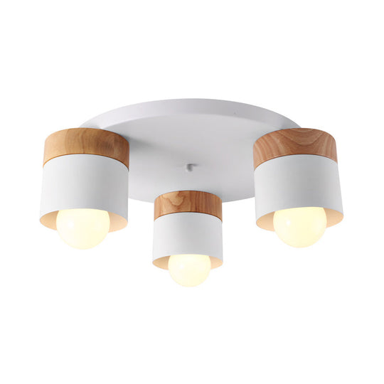 Modern Nordic Iron Cylinder Flush Mount Fixture With Wood Top - White 3 Bulb Ceiling For Bedroom