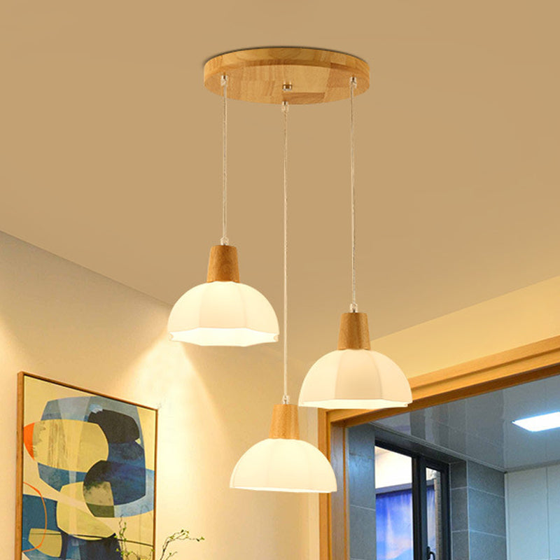 Modern Beige Multi-Lamp Pendant Light With Umbrella White Glass Shade For Dining Room