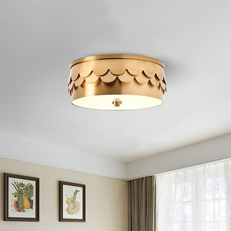 Gold Iron Drum Ceiling Light With Led And Ruffled Edge For Bedroom Mounting