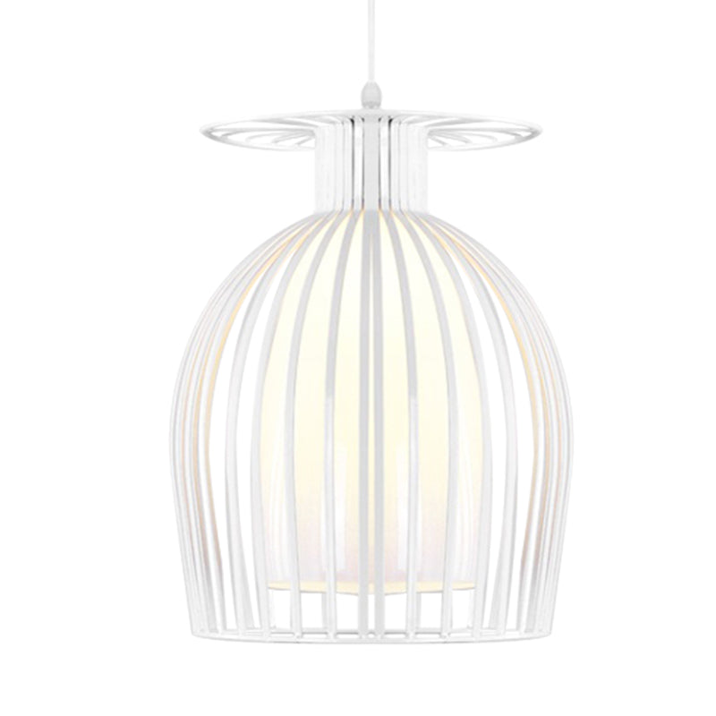 Modern Opal Glass Pendant Light With Iron Cage For Restaurant In White