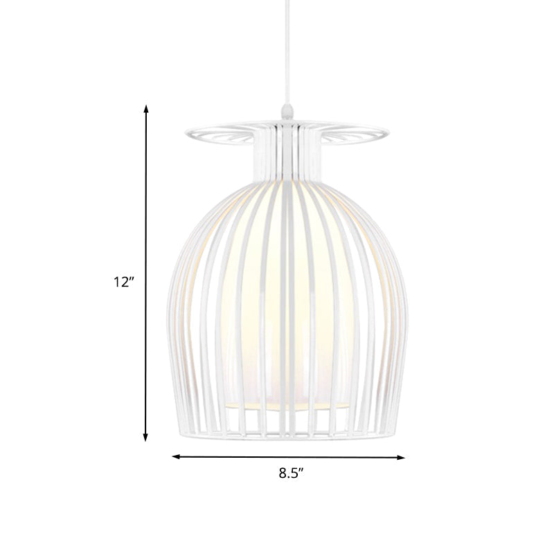Iron Cup Cage Downlight Pendant With Opal Glass Shade - Modern 1 Light In White For Restaurants
