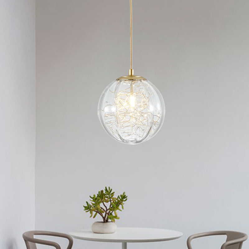 Modern Brass Pumpkin Ball Ceiling Light With Clear Glass - Single Bulb Suspended Pendant Lamp For