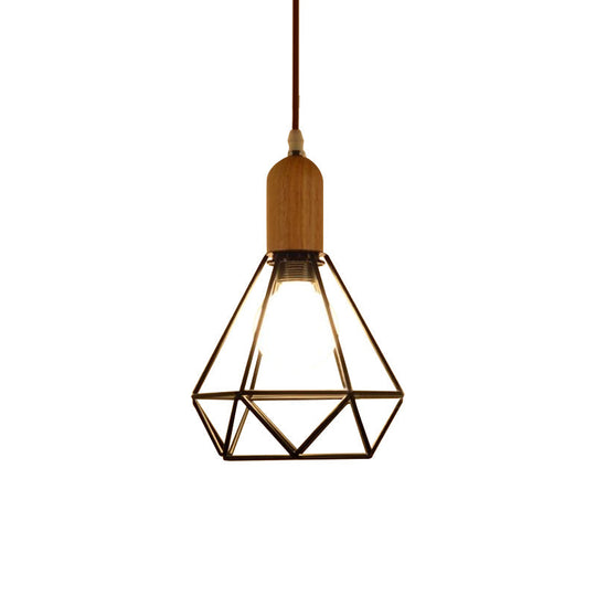 Industrial Metal And Wood Pendant Light With Cage Shade In Black - Saucer/Polygon/Diamond Shape