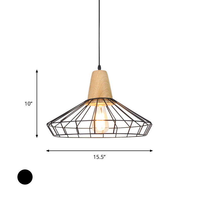 Industrial Metal And Wood Pendant Light With Cage Shade In Black - Saucer/Polygon/Diamond Shape
