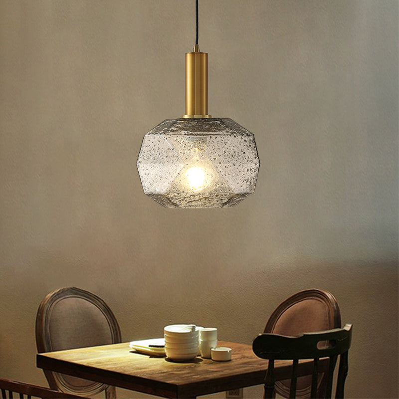 Post Modern Brass Bedside Pendant With Faceted Smoke Gray Glass Shade