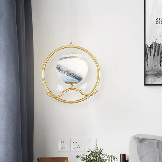 Gold Metallic 1-Light Hanging Lamp: Post Modern Ring Pendant With Planet Glass Shade & Bird Deco For