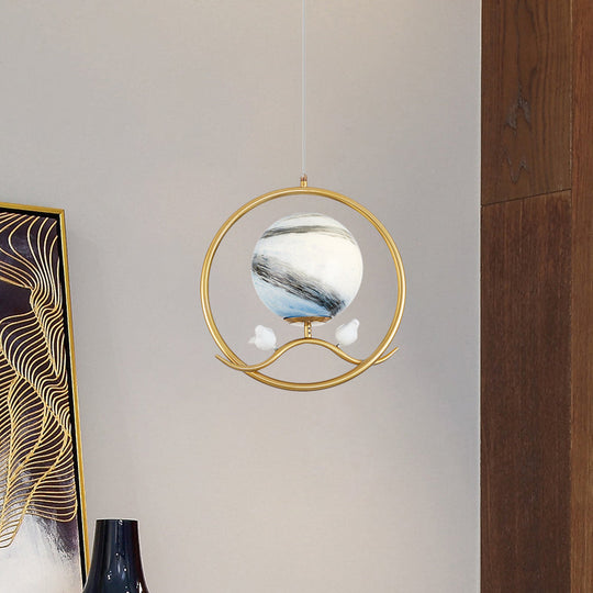 Gold Metallic 1-Light Hanging Lamp: Post Modern Ring Pendant With Planet Glass Shade & Bird Deco For