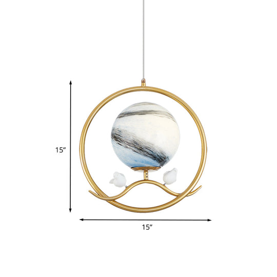 Gold Metallic 1-Light Hanging Lamp: Post Modern Ring Pendant With Planet Glass Shade & Bird Deco For