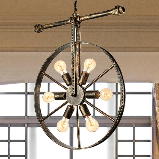 Farmhouse Style Wrought Iron Pendant Light Fixture 6 Light Round with Wheel Design | Bronze Ceiling Décor 6 / Bronze