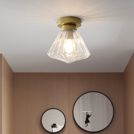 Modern Brass Flush Ceiling Light With Ribbed Glass - 1 Bulb Kitchen Lamp