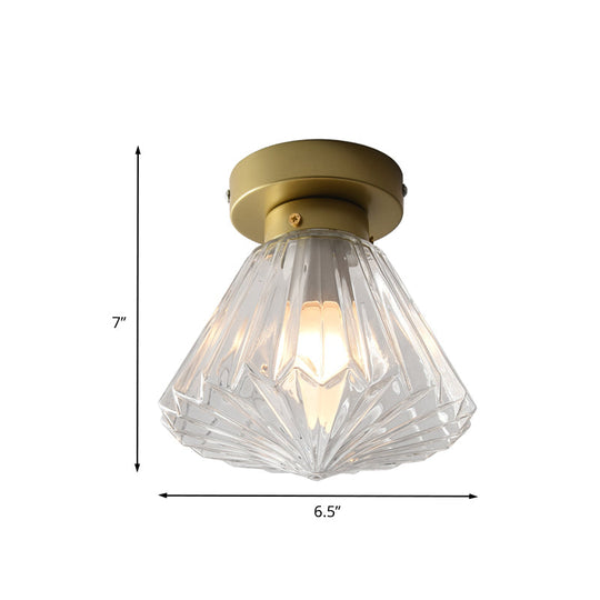 Modern Brass Flush Ceiling Light With Ribbed Glass - 1 Bulb Kitchen Lamp