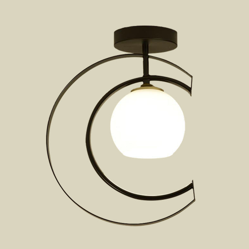 Modern Globe Semi Flush Mount Ceiling Lamp - White Glass 1 - Light Black With Moon Iron Frame