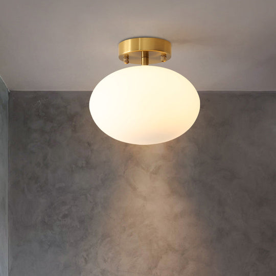 Minimalist Gold Oval Semi Flush Ceiling Light - 1 - Light Cream Glass Lamp For Bedroom