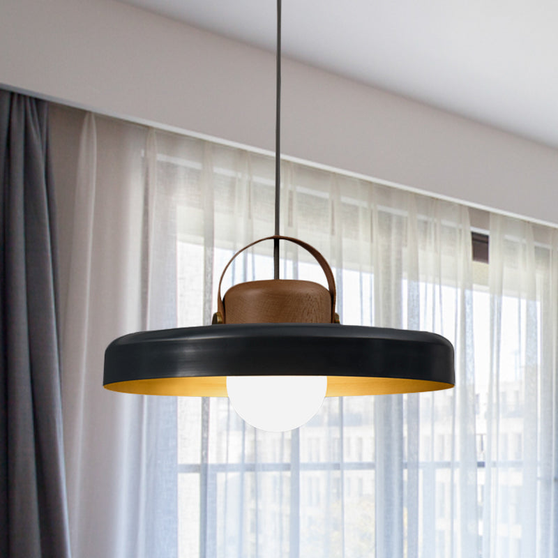 Modern Metal Flat Ceiling Light - 1 Head Black Down Lighting Pendant With Wooden Cap