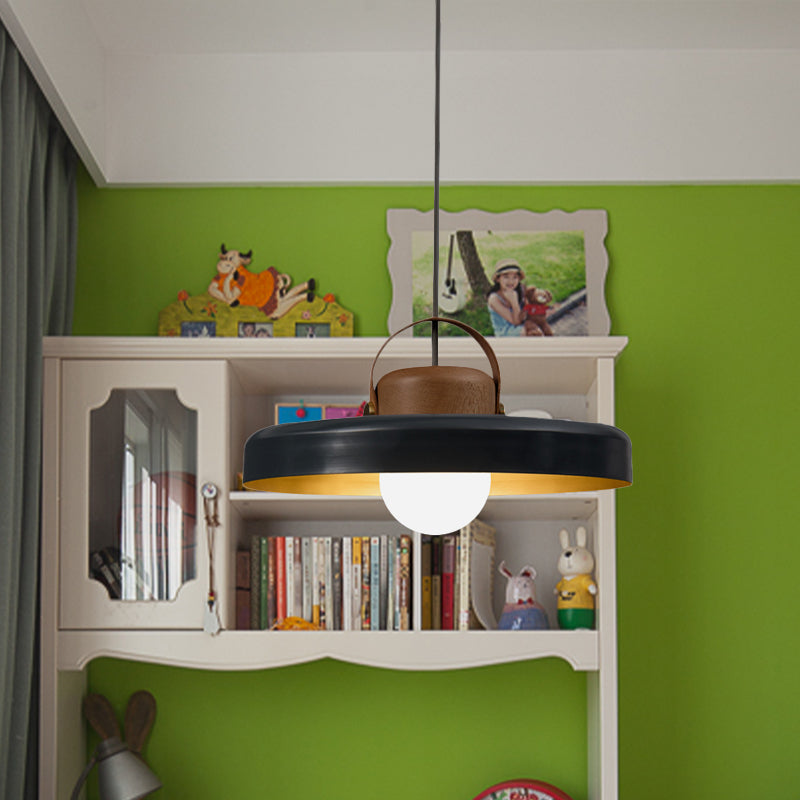 Modern Metal Flat Ceiling Light - 1 Head Black Down Lighting Pendant With Wooden Cap