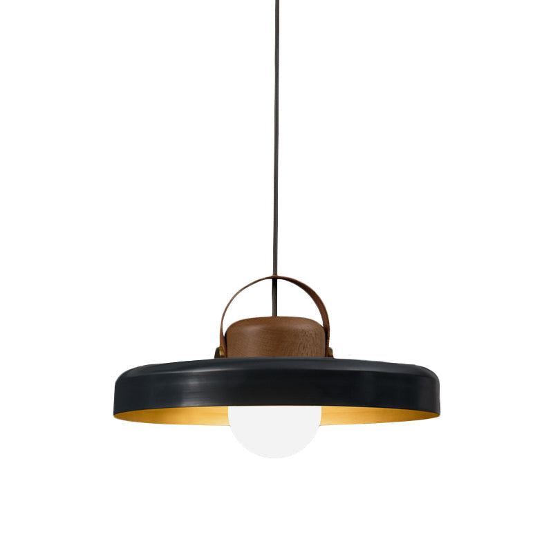 Modern Metal Flat Ceiling Light - 1 Head Black Down Lighting Pendant With Wooden Cap