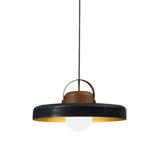 Modern Metal Flat Ceiling Light - 1 Head Black Down Lighting Pendant With Wooden Cap