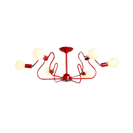 Modern Iron Spider Flush Mount Lamp - 6 Bulbs White/Red Semi Ceiling Light For Living Room